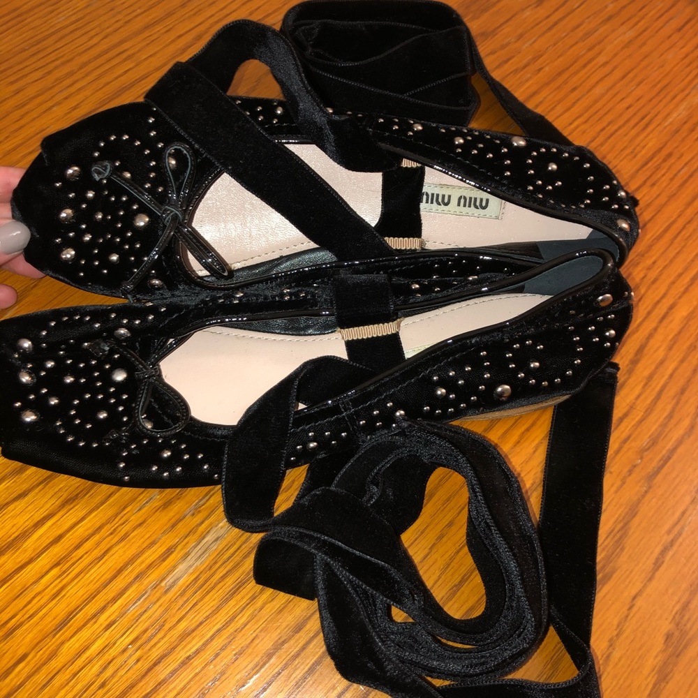 Miu Miu Velour Ankle Wrap Ballet Flats